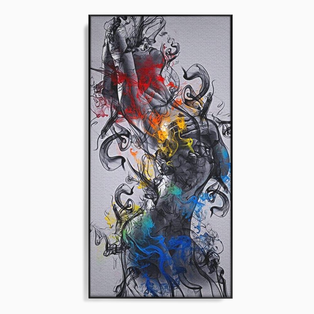 Tablou canvas cu tablou canvas cu silueta feminina si fum, in rama de aluminiu negru